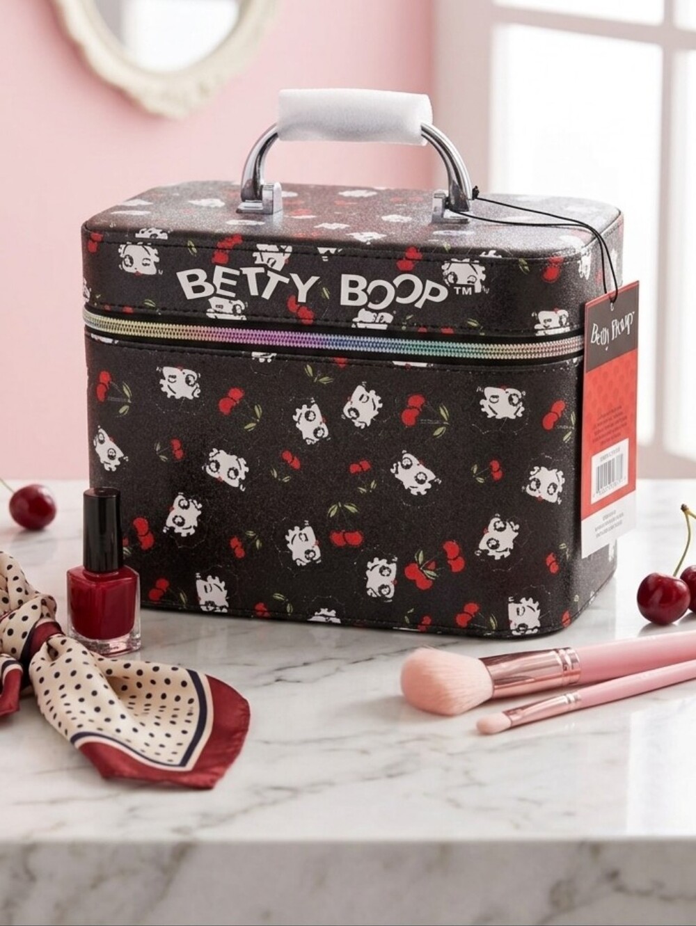 NWT Large Betty Boop Black Cherry Print Makeup Train Case Travel Bag